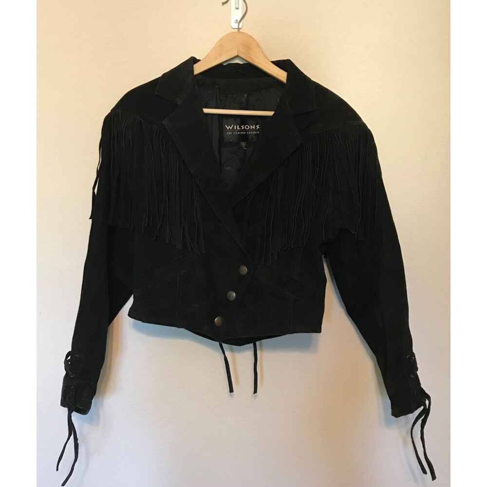 Wilsons Suede Leather Fringe Western Jacket Black Cropped Lace Up